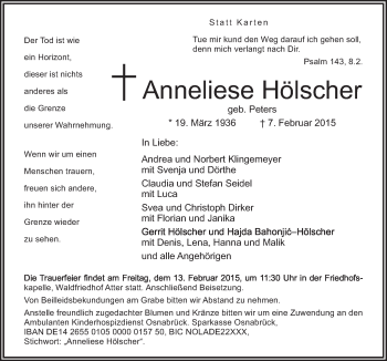 Traueranzeige von Anneliese Hölscher von Neue Osnabrücker Zeitung GmbH & Co. KG