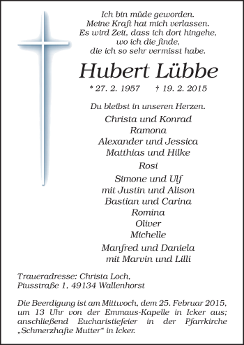 Traueranzeige von Hubert Lübbe von Neue Osnabrücker Zeitung GmbH & Co. KG
