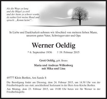 Traueranzeige von Werner Oeldig von Neue Osnabrücker Zeitung GmbH & Co. KG