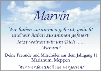 Traueranzeige von Marvin Baudis von Neue Osnabrücker Zeitung GmbH & Co. KG