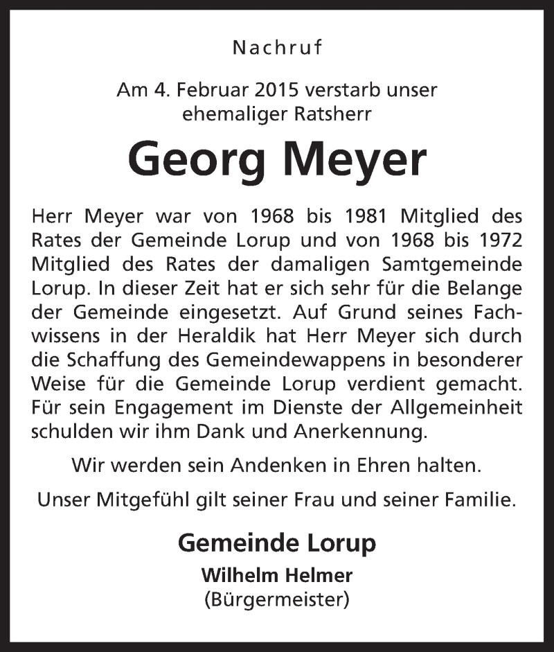  Traueranzeige für Georg Meyer vom 07.02.2015 aus Neue Osnabrücker Zeitung GmbH & Co. KG