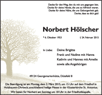 Traueranzeige von Norbert Hölscher von Neue Osnabrücker Zeitung GmbH & Co. KG