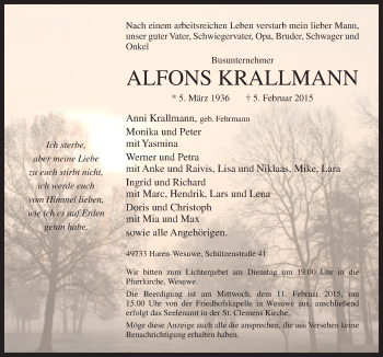 Traueranzeige von Alfons Krallmann von Neue Osnabrücker Zeitung GmbH & Co. KG