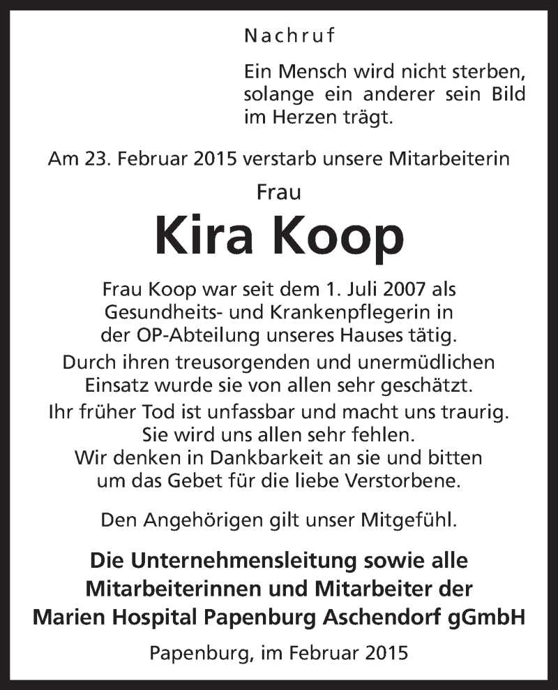  Traueranzeige für Kira Koop vom 26.02.2015 aus Neue Osnabrücker Zeitung GmbH & Co. KG