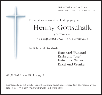 Traueranzeige von Henny Gottschalk von Neue Osnabrücker Zeitung GmbH & Co. KG