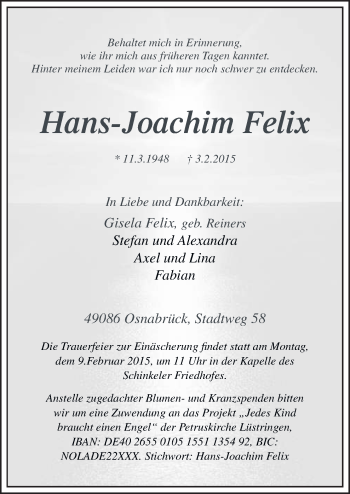 Traueranzeige von Hans-Joachim Felix von Neue Osnabrücker Zeitung GmbH & Co. KG
