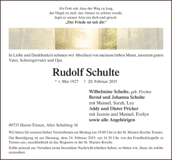 Traueranzeige von Rudolf Schulte von Neue Osnabrücker Zeitung GmbH & Co. KG