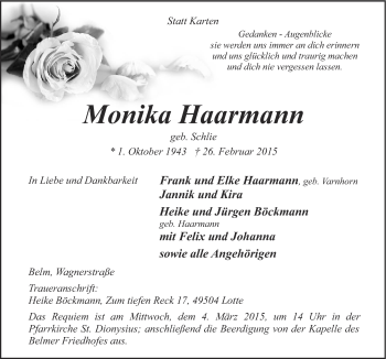 Traueranzeige von Monika Haarmann von Neue Osnabrücker Zeitung GmbH & Co. KG