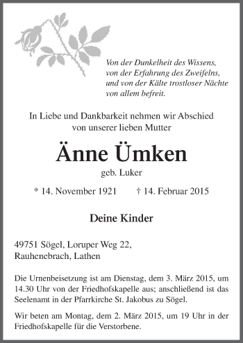 Traueranzeige von Änne Ümken von Neue Osnabrücker Zeitung GmbH & Co. KG