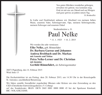 Traueranzeige von Paul Nelke von Neue Osnabrücker Zeitung GmbH & Co. KG