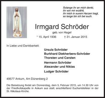 Traueranzeige von Irmgard Schröder von Neue Osnabrücker Zeitung GmbH & Co. KG
