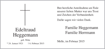 Traueranzeige von Edeltraud Heggemann von Neue Osnabrücker Zeitung GmbH & Co. KG