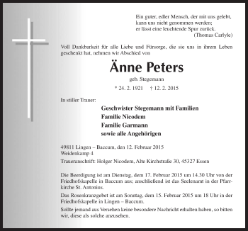 Traueranzeige von Änne Peters von Neue Osnabrücker Zeitung GmbH & Co. KG