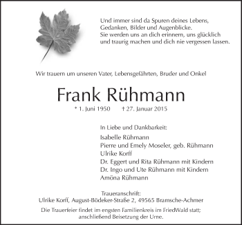Traueranzeige von Frank Rühmann von Neue Osnabrücker Zeitung GmbH & Co. KG