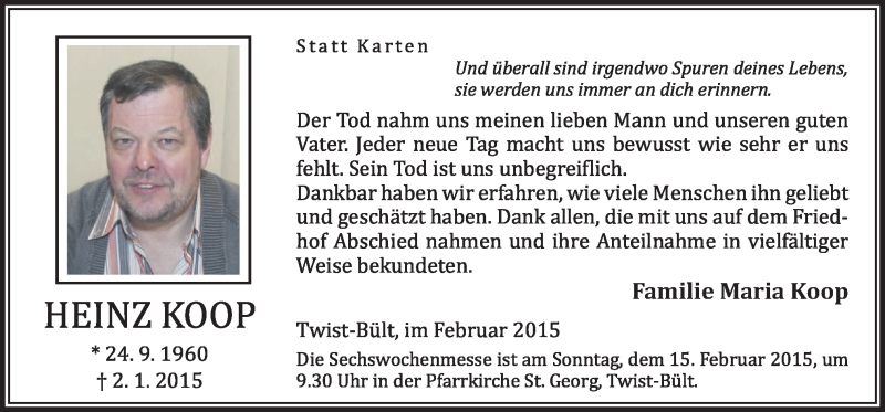  Traueranzeige für Heinz Koop vom 12.02.2015 aus Neue Osnabrücker Zeitung GmbH & Co. KG