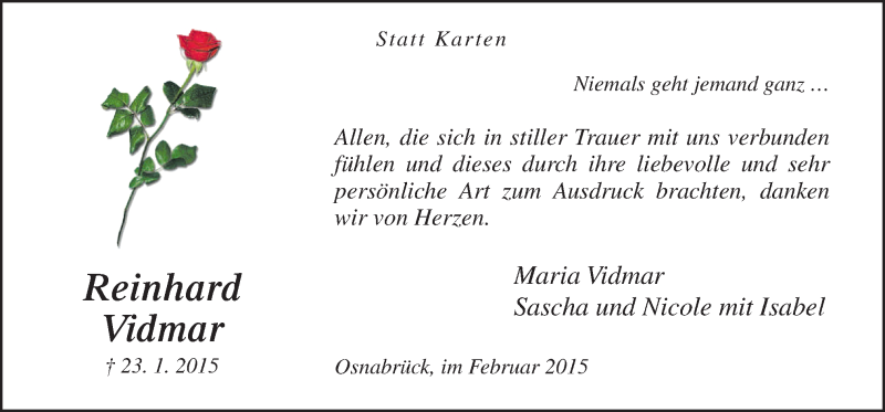  Traueranzeige für Reinhard Vidmar vom 13.02.2015 aus Neue Osnabrücker Zeitung GmbH & Co. KG