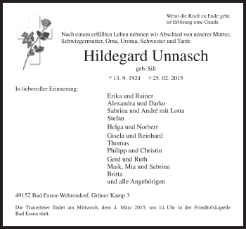 Traueranzeige von Hildegard Unnasch von Neue Osnabrücker Zeitung GmbH & Co. KG