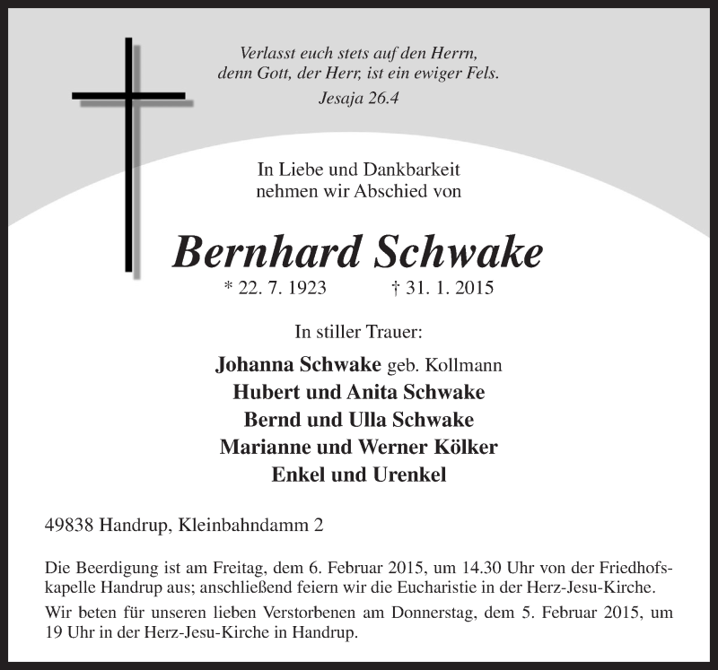  Traueranzeige für Bernhard Schwake vom 03.02.2015 aus Neue Osnabrücker Zeitung GmbH & Co. KG