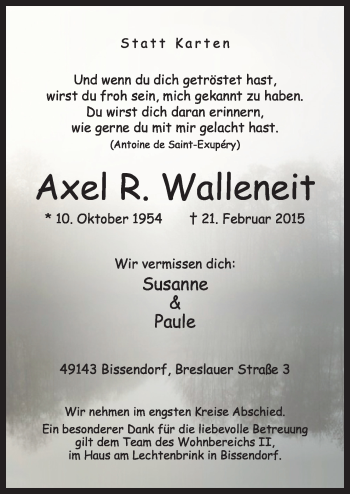 Traueranzeige von Axel R. Walleneit von Neue Osnabrücker Zeitung GmbH & Co. KG