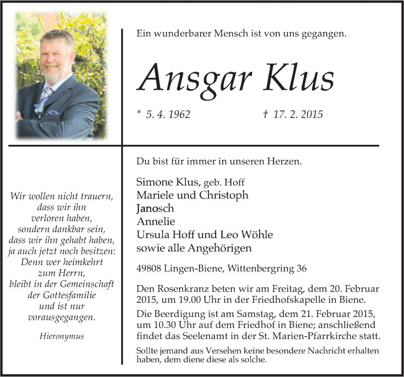  Traueranzeige für Ansgar Klus vom 20.02.2015 aus Neue Osnabrücker Zeitung GmbH & Co. KG