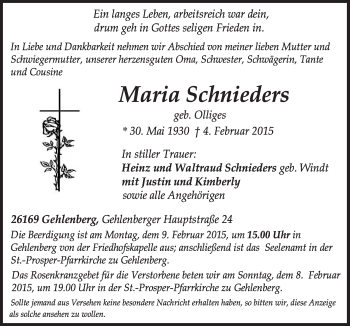 Traueranzeige von Maria Schnieders von Neue Osnabrücker Zeitung GmbH & Co. KG