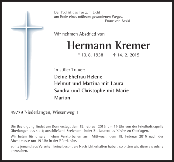 Traueranzeige von Hermann  Kremer von Neue Osnabrücker Zeitung GmbH & Co. KG