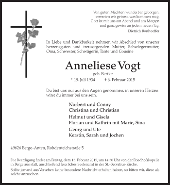 Traueranzeige von Anneliese Vogt von Neue Osnabrücker Zeitung GmbH & Co. KG
