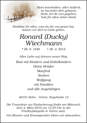 Traueranzeige von Ronard Wiechmann von Neue Osnabrücker Zeitung GmbH & Co. KG