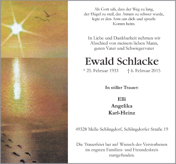 Traueranzeige von Ewald Schlacke von Neue Osnabrücker Zeitung GmbH & Co. KG