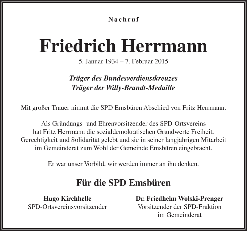  Traueranzeige für Friedrich Herrmann vom 10.02.2015 aus Neue Osnabrücker Zeitung GmbH & Co. KG