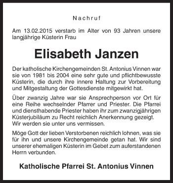 Traueranzeige von Elisabeth Janzen von Neue Osnabrücker Zeitung GmbH & Co. KG