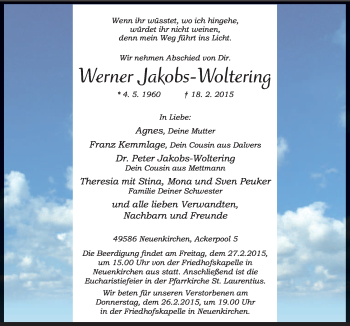 Traueranzeige von Werner Jakobs-Woltering von Neue Osnabrücker Zeitung GmbH & Co. KG
