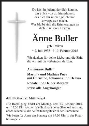 Traueranzeige von Änne Buller von Neue Osnabrücker Zeitung GmbH & Co. KG