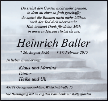 Traueranzeige von Heinrich Baller von Neue Osnabrücker Zeitung GmbH & Co. KG