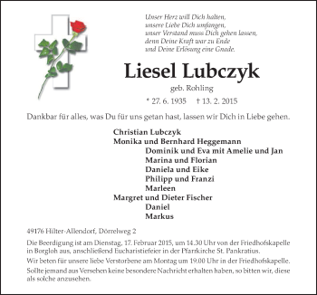 Traueranzeige von Liesel Lubczyk von Neue Osnabrücker Zeitung GmbH & Co. KG