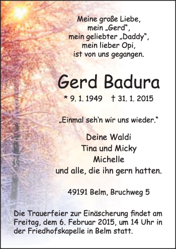 Traueranzeige von Gerd Badura von Neue Osnabrücker Zeitung GmbH & Co. KG