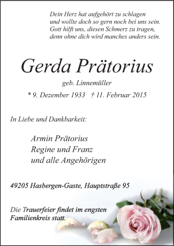 Traueranzeige von Gerda Prätorius von Neue Osnabrücker Zeitung GmbH & Co. KG