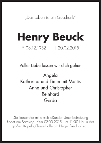 Traueranzeige von Henry Beuck von Neue Osnabrücker Zeitung GmbH & Co. KG