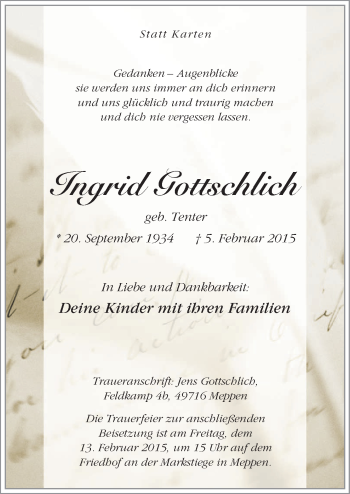 Traueranzeige von Ingrid Gottschlich von Neue Osnabrücker Zeitung GmbH & Co. KG