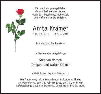 Traueranzeige von Anita Krämer von Neue Osnabrücker Zeitung GmbH & Co. KG