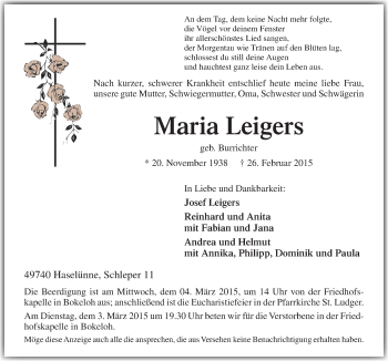 Traueranzeige von Maria Leigers von Neue Osnabrücker Zeitung GmbH & Co. KG