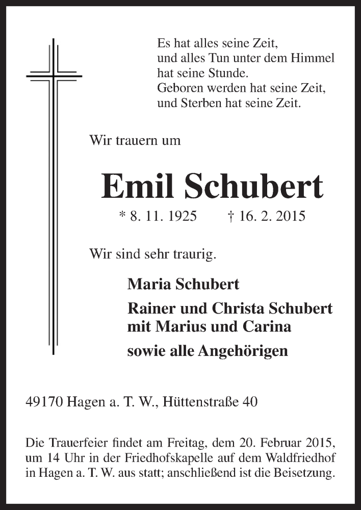  Traueranzeige für Emil Schubert vom 18.02.2015 aus Neue Osnabrücker Zeitung GmbH & Co. KG