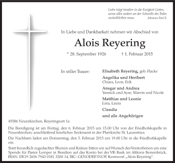Traueranzeige von Alois Reyering von Neue Osnabrücker Zeitung GmbH & Co. KG