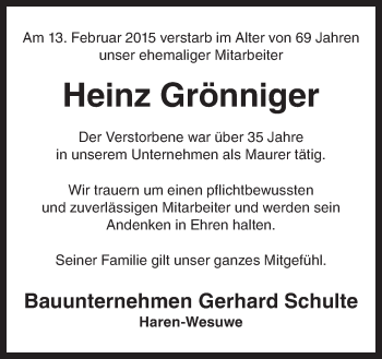 Traueranzeige von Heinz Grönniger von Neue Osnabrücker Zeitung GmbH & Co. KG