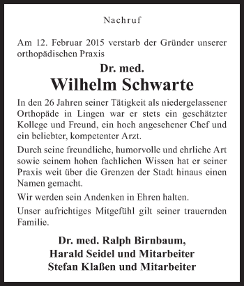 Traueranzeige von Wilhelm Schwarte von Neue Osnabrücker Zeitung GmbH & Co. KG