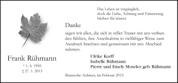 Traueranzeige von Frank Rühmann von Neue Osnabrücker Zeitung GmbH & Co. KG