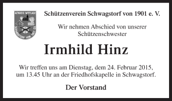 Traueranzeige von Irmhild Hinz von Neue Osnabrücker Zeitung GmbH & Co. KG