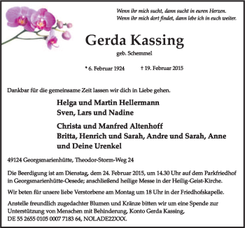 Traueranzeige von Gerda Kassing von Neue Osnabrücker Zeitung GmbH & Co. KG