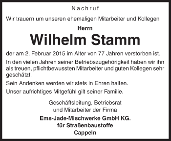 Traueranzeige von Wilhelm Stamm von Neue Osnabrücker Zeitung GmbH & Co. KG