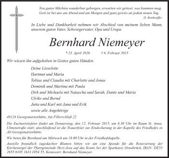 Traueranzeige von Bernhard Niemeyer von Neue Osnabrücker Zeitung GmbH & Co. KG